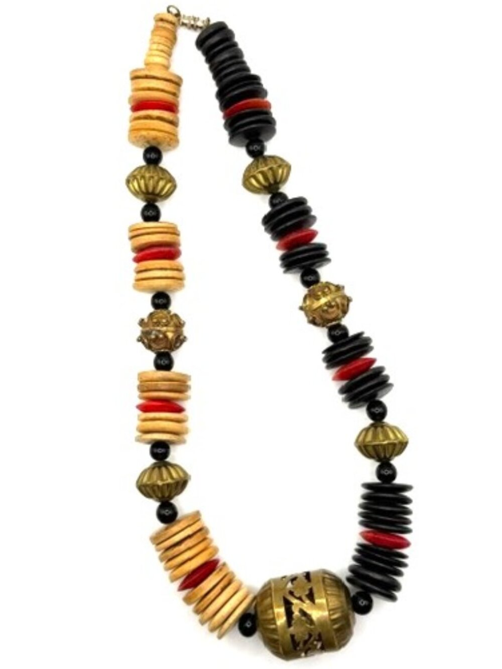 Boho Wood Disc Bead Necklace Moroccan Inspired Brass Tone Statement 20”